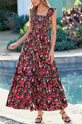 dowerme Womens Summer Maxi Dresses 2026 Casual Ruffle Sleeve Button Smocked Floral Slit Boho Dress Spring Beach Sundress(Black Red Flower,Small) - Thumbnail 4