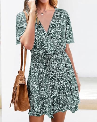 KIRUNDO Womens Summer Dresses 2026 Casual Spring Short Sleeve V Neck Ruffle Floral Print High Waist Belted Flowy Mini Dress(Dark Green, Large) - Thumbnail 5
