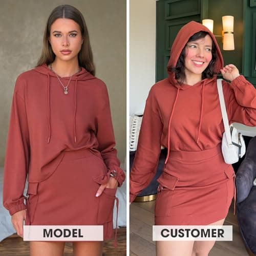 EXLURA Women Two Piece Set Cotton Sweatsuit Travel Airport Outfits 2026 Tracksuit Hooded Sweatshirt Cargo Skort Skirt Pockets - Thumbnail 3