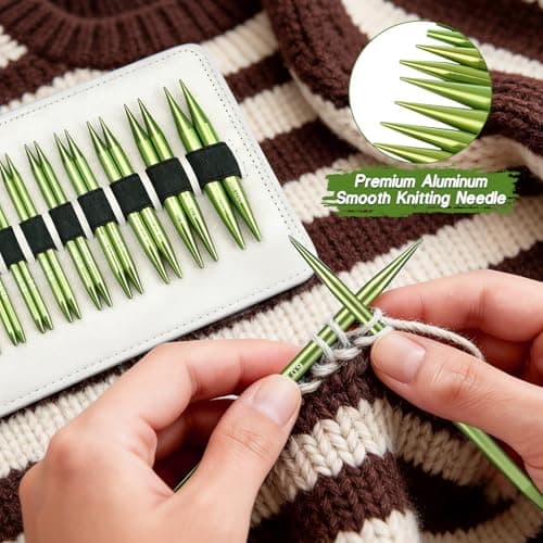 TRILVIX Knitting Needles Set, 13 Pairs Aluminum Interchangeable Circular Knitting Needles Set 4 Inch with 4 Cables, Accessories and Storage Bag for Multiple Knitting Projects Green - Thumbnail 6