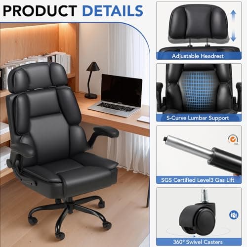 Avocahom Comfy Office Chair with Adjustable Headrest,Executive Leather Desk Chair with Lumbar Support,Rocking Function,Ergonomic Gaming Computer Chair Having Flip Up Arms, Black - Thumbnail 4