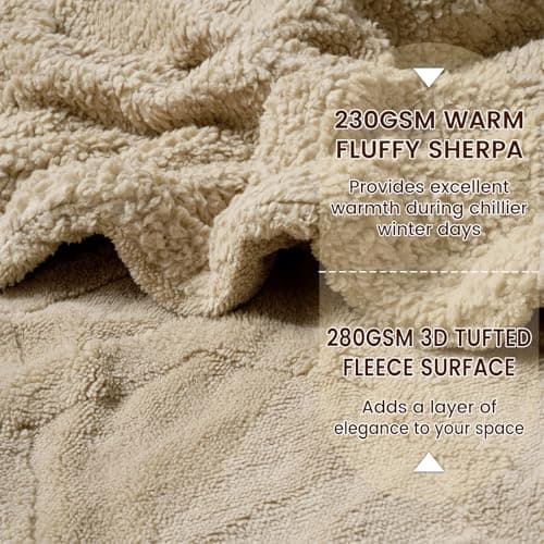 PHF Fluffy Sherpa Throw Blanket for Winter, Warm and Cozy, 510GSM 3D Tufted Shaggy Fleece Blanket for Couch, Khaki, 50"x60" - Thumbnail 3
