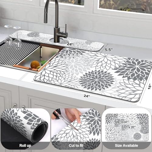 Findosom 2PCS 16" x 24" Dish Drying Mat & 24" x 5.5" Sink Splash Guard, Super Absorbent & Cuttable Dish Mat Drying Kitchen Mat with Gray Floral, Hide Stain Drying Mat for Kitchen Counter - Thumbnail 2
