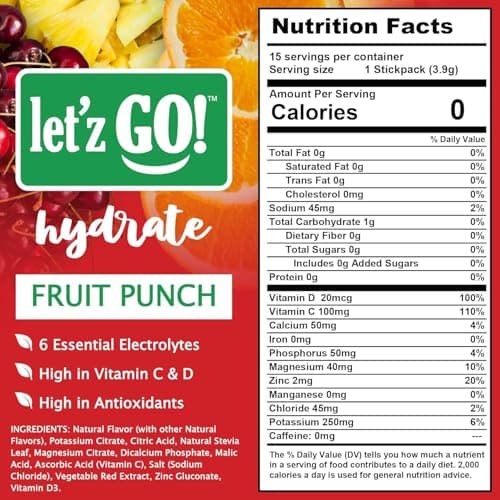 Let'z Go! Hydrate- Natural Hydration + Electrolyte Drink Mix- Hydration + Electrolytes + Antioxidant Powder Packets, Natural Flavors, Vitamins C + D | No Sugar | No Calories | (15 Count) Fruit Punch - Thumbnail 2