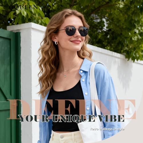 GQUEEN Retro Round Polarized Sunglasses Womens Men Spring Hinge Metal Frame Trendy Hippie Oval Sun Glasses Shades UV400,Black - Thumbnail 2