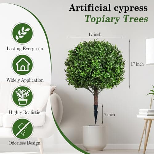 Artificial Olive Leaf Boxwood Topiary Ball Trees, Set of 2 UV Resistant 16in Outdoor Plants – Artificial Bonsai, Miniature Trees, Garden, Curb Appeal - Thumbnail 5