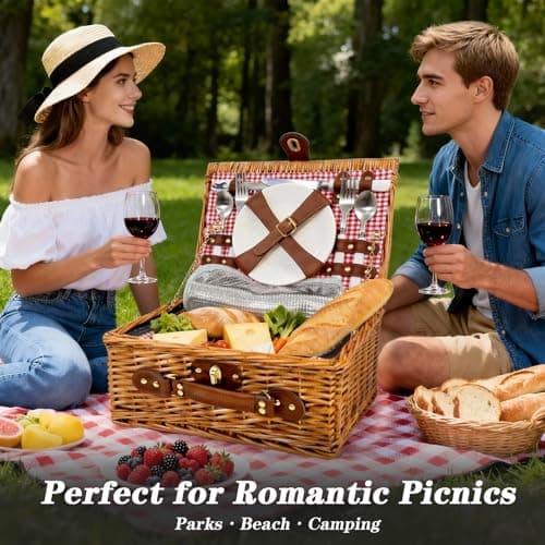 Picnic Basket Set for 2: Handmade Wicker Picnic Basket, Insulated Picnic Basket with Cutlery Kit for Outdoor, Picnic, Camping, Party, Holidays - Thumbnail 2