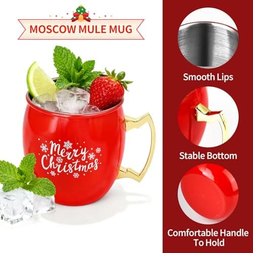 TJ Moscow Mule Mugs Set of 4, 12 oz Christmas Moscow Mule Mugs with 304 Stainless Steel Lining and Gold Brass Handles for Drinking Water & Cocktails Juice, Beer, Bars, Parties,4 color - Thumbnail 2
