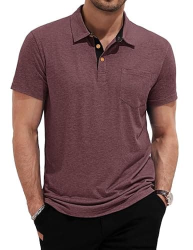 AUSELILY MEN Mens Polo Shirts Short Sleeve Cotton Casual Summer Knit Golf Stylish T Shirts Big and Tall with Pockets Wine Red 3XL - Image 1
