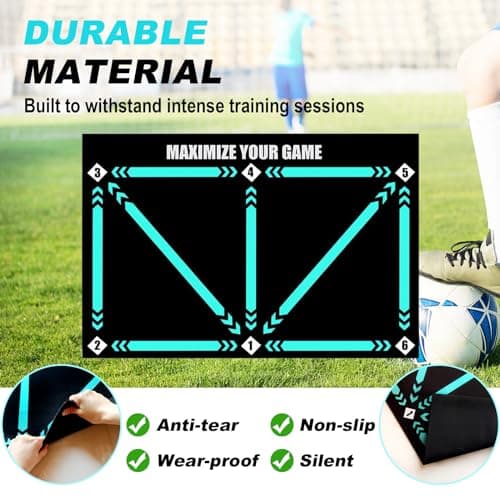 Doskona Football Footstep Training Mat, Soccer Training Mat 35 * 24IN, Soccer Skills Training Equipment with Storage Bag and Soccer Return Trainer Net (Black-Blue) - Thumbnail 3