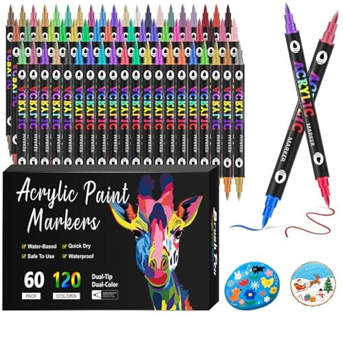 Daimanelton 120 Colors Acrylic Paint Markers, 60 Pack Dual Tip Acrylic Paint Pens, Soft Brush Tip Acrylic Paint Markers for Canvas Stone, Rock Painting, Paper, Glass, Wood, Egg