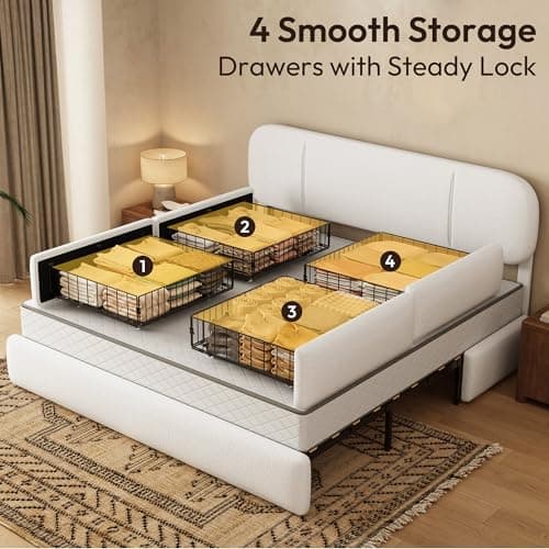 Uteeran King Size Bed Frame with Storage, Boucle Cloud Bed with 4 Locking Drawers & LED Lights, Modern Upholstered Platform Bed, Plush Sides & Footboard, Adjustable Headboard, No Box Spring, White - Thumbnail 4