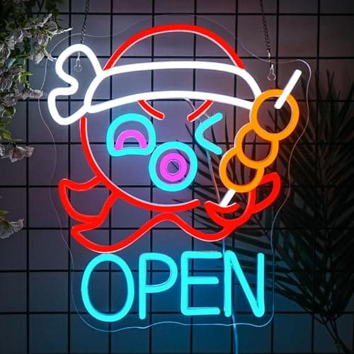 Open Neon Sign for Wall Decor Takoyaki Octopus Ball Neon Light USB Powered LED Dimmable for Japanese Street Food Shop Anime Sushi Bar Cafe Kitchen Bar Gift Japanese Culture Lover - Image 1