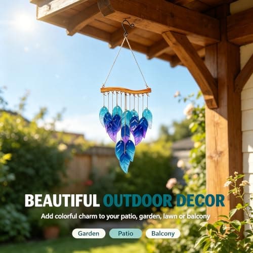 Wind Chimes Blue Glass Leaves, Garden Wind Chime for Home, Party, Festival Decor, Glass Garden Patio Yard Porch Decoration Indoor/Outside, Lifelike Leaf Style - Thumbnail 2