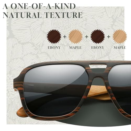 SUNAIT Light Burl/Black Oak/Zebra & Ebony/Maple Wood Sunglasses Classic Square Aviator for Men & Women HD Polarized Lens (Ebony Wood Frame/Grey Lens) - Thumbnail 2