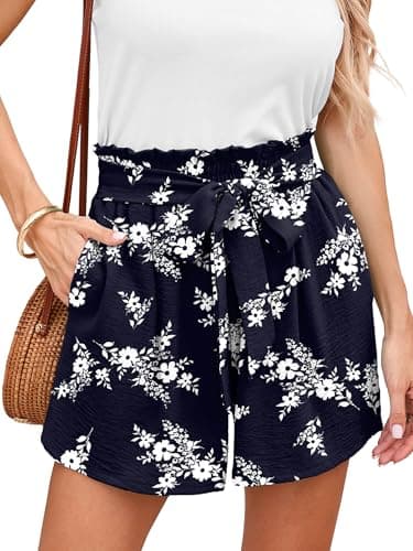 DEARCASE Women's Wide Leg Shorts with Pockets Navy Blue White Flowers Medium High Waisted Adjustable Lightweight Tie Knot Loose Fit Summer Lounge Cute Trousers - Image 1