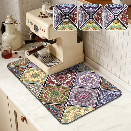 Yamaziot Boho Coffee Mat 12"x20", Floral Dish Drying Mat for Kitchen Counter, Non Slip Coffee Bar Accessories Espresso Machine Dish Rack - Image 1