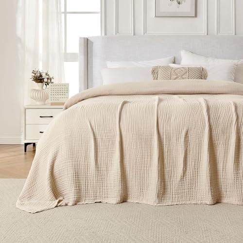 Joydeco 100% Cotton Muslin Throw Blanket for Couch Bed and Sofa, 4-Layer Lightweight and Breathable Soft Gauze Blanket for All Season, Luxury Throws Cotton Blanket Gift(Light Tan, 90"x90") - Image 1