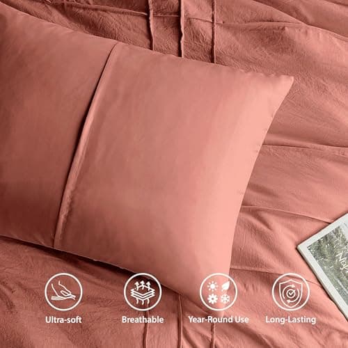 Regency Heights Queen Size Comforter Set Orange, 3 Pieces Bedding Set, Ultra Soft Prewashed Bed Set, Pinch Pleat All Seasons Lightweight Comforter and Shams - Thumbnail 5