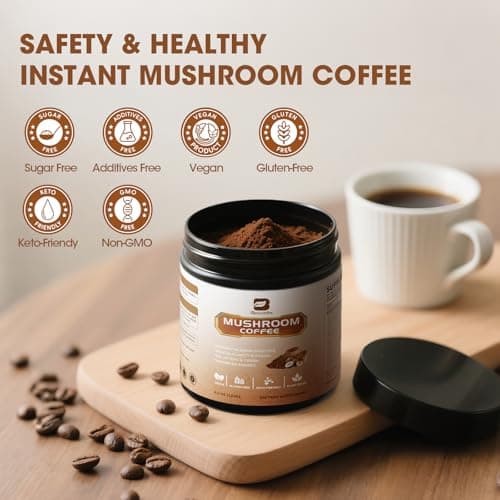 B BEWORTHS Mushroom Coffee Powder with MCT Oil - 10 Mushrooms Lion's Mane, Turkey Tail, Reishi, Cordyceps & Chaga - Arabica Instant Mushroom Coffee for Focus, Immune, Gut & Brain Health | Vegan, Keto - Thumbnail 6