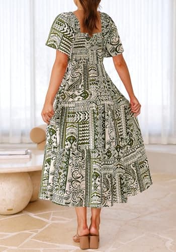 BTFBM Women's Clothing Wedding Guest Dresses Casual Boho Floral Short Sleeve Smocked Maxi Beach Spring Summer Dress 2026(Floral Grass Green, Large) - Thumbnail 4