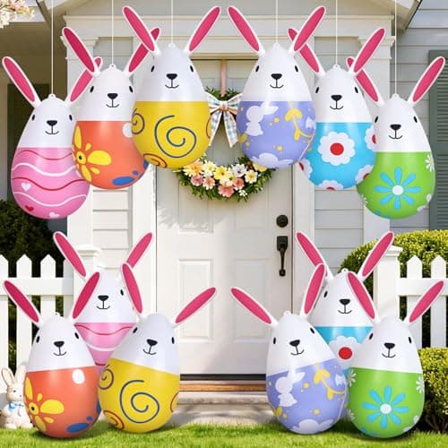 12 Pack 18 Inflatable Easter Eggs with Rabbit Shapes, Blow Up Easter Yard Decorations Colorful Outdoor Ornaments for Garden Lawn Spring Party Supplies & Egg Hunt Games - Image 1