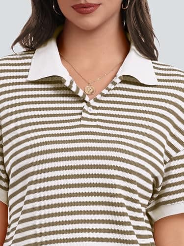 Casly Lamiit Shorts Sets Women 2 Piece Outfits Summer Striped Knit Set V Neck Short Sleeve T Shirts Drawstring Sweatsuit Loungewear 2026 Clothes Brown White XL - Thumbnail 5