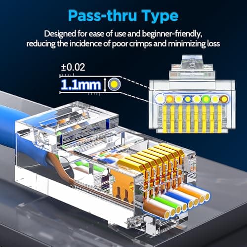 AMPCOM 100-Pack CAT6 Pass Through RJ45 Connector, Gold-Plated Ethernet Plugs for Solid/Stranded 23-26AWG UTP Ethernet Cables - Thumbnail 5