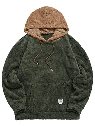 ZAFUL Color Blocking Fuzzy Hoodie Unisex Men Sherpa Pullover Loose Fluffy Sweatshirt (Army green-B, XL) - Image 1