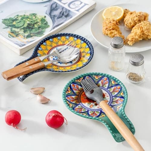 JINGUS Spoon Holder for Kitchen Counter, Large Ceramic Spoon Rest for Stove Top, 7.7 Inch Heat-Resistant Cooking Utensil Rest for Spatula, Ladle and Tongs, Great for Housewarming, Bohemian Green - Thumbnail 2