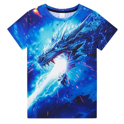 Funnycokid Boys Shirts Neon Color Size 13-14 Kids T-Shirts Girls Dragon Teen Clothes Tops Tees Animal Graphic Print Blue Bright Short Sleeve Birthday Cool 13-14 Years Youth - Image 1