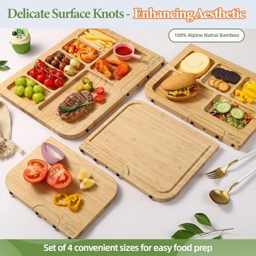 4-PCS Bamboo Cutting Board Set with Innovative Stand - Durable Double Sided Wooden Cutting Board with Juice Groove & Handle for Meal Prep, Meat, Charcuterie Serving, Eco-Friendly Healthy Kitchen Gift - Thumbnail 6