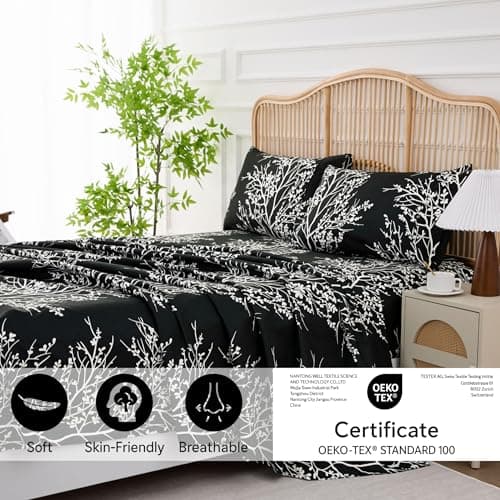 Spirit Linen home King Size Sheets Set - Pure Microfiber 4 Piece Polyester Bed Sheets, Fitted Sheet & Pillow Cases - King Sheets for All Seasons (Foliage Black/White, King) - Thumbnail 4