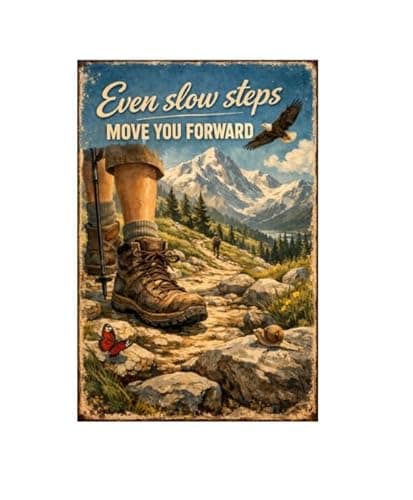 Even Slow Steps Move You Forward Tin Sign Inspirational Quote Metal Wall Decor Vintage Hiking Mountain Artwork Motivational Rustic Plaque for Home Office Gym Cabin Man Cave Wall 8x12 Inch - Image 1