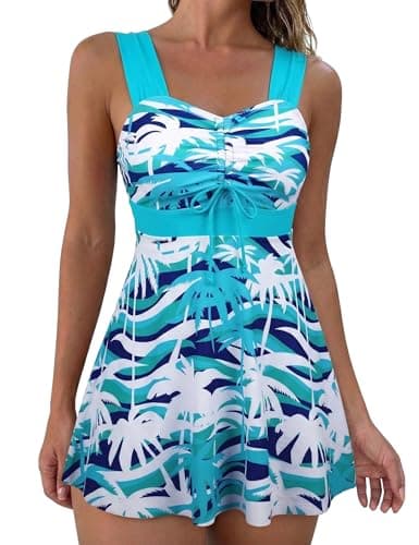 Hilor Two Piece Tankini Swimsuits for Women Flowy Swim Dress Tummy Control Bathing Suit Tank Top Swimwear with Shorts Blue&White Coconut Tree US6-8 - Image 1