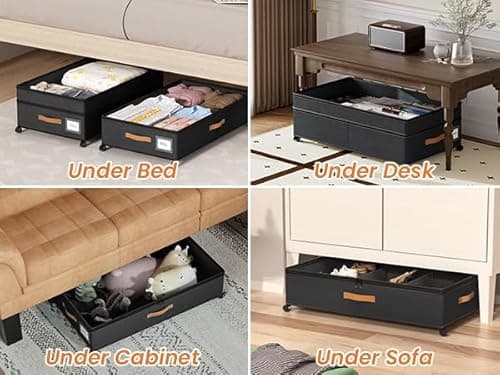 Mqaue Under Bed Storage with Wheels, 72L XXL Under the Bed Storage Containers Large, 10‘’ Tall Adjustable Storage for Underbed with Lids, Rolling for Shoes, Clothes, Blankets, Black - Thumbnail 6