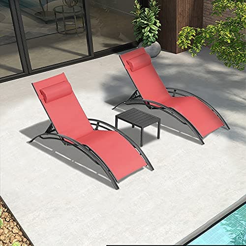 PURPLE LEAF Patio Chaise Lounge Set Outdoor Lounge Chair Beach Pool Sunbathing Lawn Lounger Recliner Chair Outside Tanning Chairs with Arm for All Weather Side Table Included Coral Red - Thumbnail 3