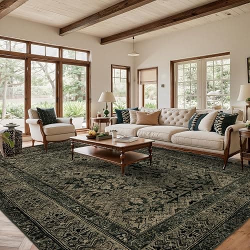 Boho Washable Rug for Living Room: Vintage 8x10 Area Rugs for Bedroom Soft Non Slip - Thin Stain Resistant Carpet for Dining Room Indoor - Dark Green - Thumbnail 2