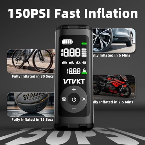 VTVKT Tire Inflator Portable Air Compressor, 150PSI Cordless Fast Inflation Air Pump, All-Aluminum Body, 12000mAh Battery Capacity, Digital Gauge, 45W 4X Fast Charging, Flagship Package - Thumbnail 2