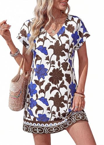 KIRUNDO Summer Dresses for Women 2026 Beach Sundress Spring Casual V Neck Boho Floral Vacation Outfits Cruise Resort Wear(Floral White Blue Brown, XX-Large) - Image 1