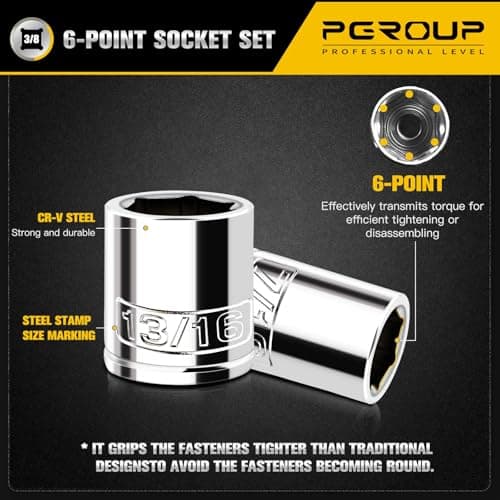 pgroup 10PCS 3/8” Drive Shallow Socket Set, SAE (5/16"-7/8"), 6-Point, Cr-V Steel, Full Polished Chrome Plated Socket With Hanging Bracket, Cover Most Commonly Sizes - Thumbnail 4