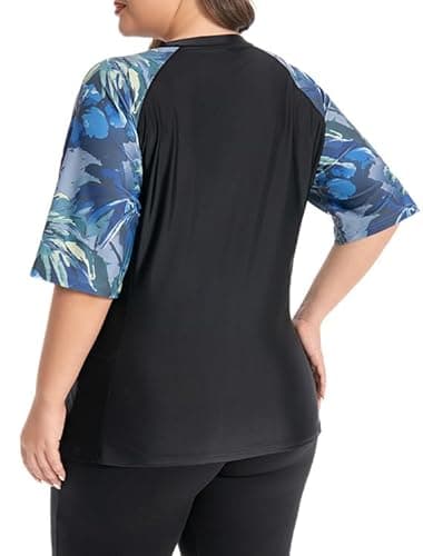 Women's Plus Size Rash Guard Swim Shirt UPF50+ Short Sleeve Sun Protection with Pockets | Tagless, Tummy Control & Mesh Vents (US, Alpha, 4X-Large, Dark Print) - Thumbnail 3