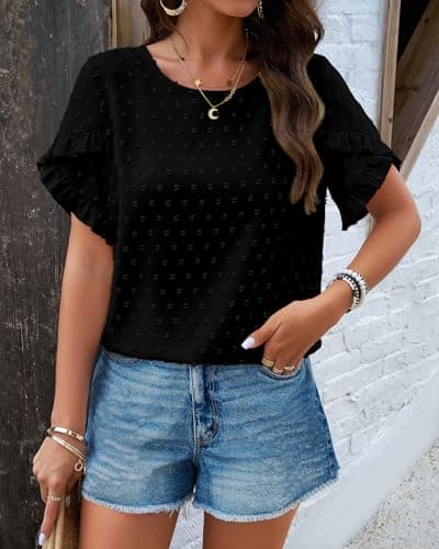 PRETTYGARDEN Women's Tops 2026 Summer Ruffle Short Sleeve Crewneck Blouses Swiss Dots Solid Loose Tunics Work Shirts(Black,Medium) - Thumbnail 5