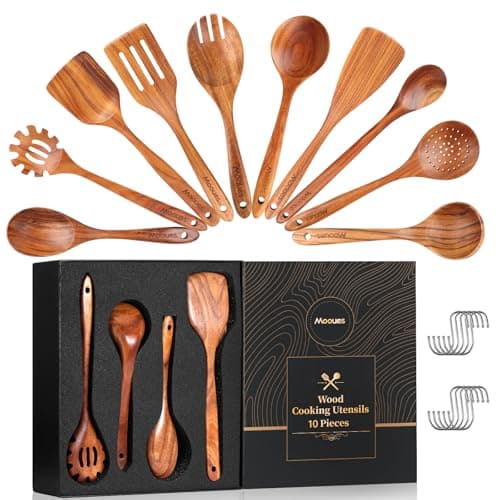 Wooden Spoons for Cooking, 10 PCS Teak Wood Cookware Utensil Set with Hooks - Smooth Finish, Non-Stick, Comfortable Grip, Heat Resistant Kitchen Utensils Gift Box - Image 1