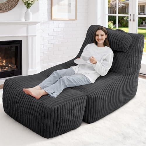 HABUTWAY Giant Bean Bag Chairs for Adults,Big Bean Bag Lounger with Removable Cover,Large BeanBag Chair with Ottoman&Storage Pocket,Memory Foam Filled Bean Bag Sofa for Living Room,Bedroom-Plush Black - Image 1