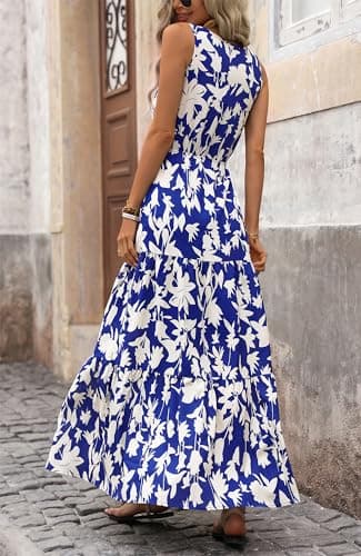 BTFBM Women Summer Dresses Casual Sleeveless Maxi Dresses Cute Floral Long Dress Wedding Guest Dress(Royal Blue Beige Flower,Large) - Thumbnail 6