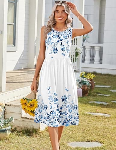 HOTOUCH Womens Long Dresses Summer Midi Tshirt Dress 2026 Sleeveless Casual Beach Sundress Floral Loose Spring Tank Dresses with Pockets Flowy Swing Pleated Dress - Thumbnail 6