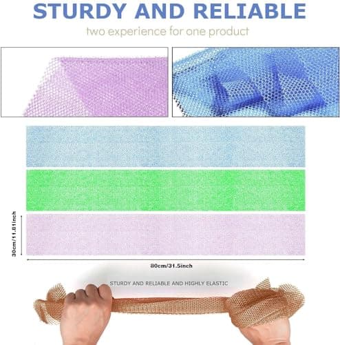 UJFQBH 3 Pieces African Bath Sponge African Net Long Net Bath Sponge Exfoliating Shower Body Scrubber Back Scrubber Skin Smoother,Great for Daily Use (Pale Purple, Blue, Green) - Thumbnail 3