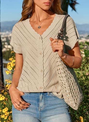 Dokotoo Cruise Outfits for Women 2026 Summer Crochet Tops Short Sleeve V Neck Pullover Sweaters Button Down Trendy Fashion Clothing Crochet Tops Beach Vacation Clothes Casual Tshirt,Apricot X-Large - Thumbnail 6