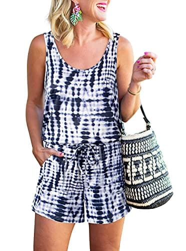 REORIA Womens Casual Summer One Piece Sleeveless Tank Top Striped Playsuits Short Jumpsuit Beach Rompers Tie Dye Navy Blue Small - Image 1